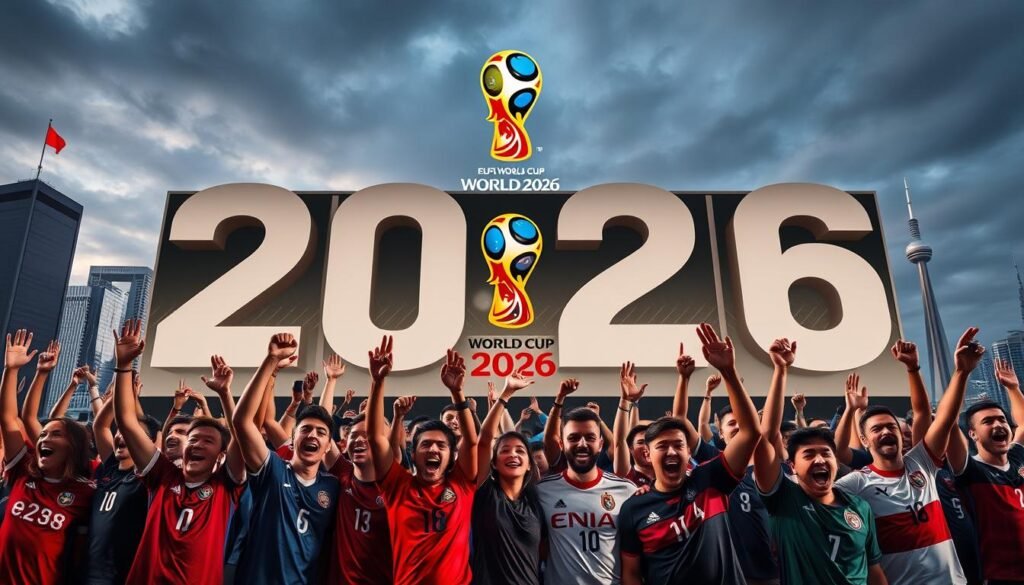 Countdown clock to the 2026 World Cup kickoff with fans from around the world celebrating Countdown clock to the 2026 World Cup kickoff with fans from around the world celebrating