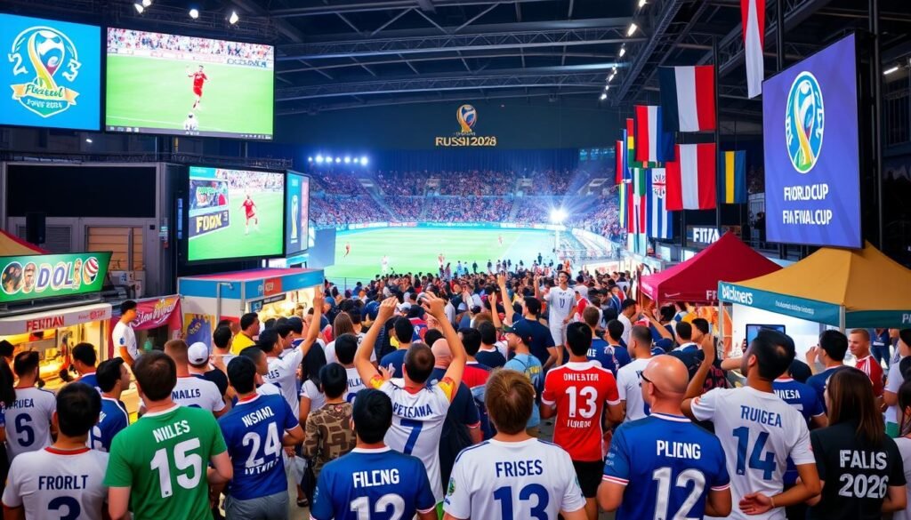 Diverse group of excited football fans at a FIFA Fan Festival with big screens showing World Cup matches Diverse group of excited football fans at a FIFA Fan Festival with big screens showing World Cup matches