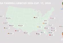 Map showing the 2026 World Cup host countries with highlighted host cities across USA, Canada, and Mexico