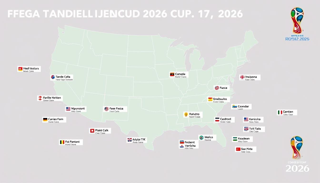 Map showing the 2026 World Cup host countries with highlighted host cities across USA, Canada, and Mexico