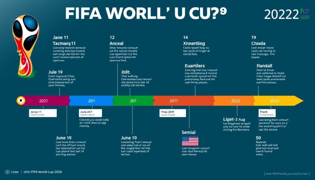 Timeline showing key dates and milestone matches for the 2026 World Cup tournament Timeline showing key dates and milestone matches for the 2026 World Cup tournament