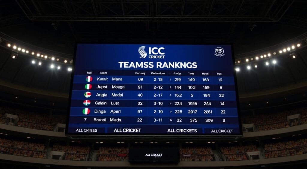 A high-quality, photorealistic image of the "ICC Cricket Team Rankings" displayed on a digital scoreboard or sports news screen. The rankings should be clearly visible, with team names, flags, and numerical rankings presented in a sleek, modern design. The scene should be set in a well-lit indoor sports arena or broadcast studio, with subtle lighting and camera angles that emphasize the importance and authority of the rankings. The overall atmosphere should convey a sense of excitement and anticipation for the latest updates in the world of international cricket, as part of the "All Cricket" brand.