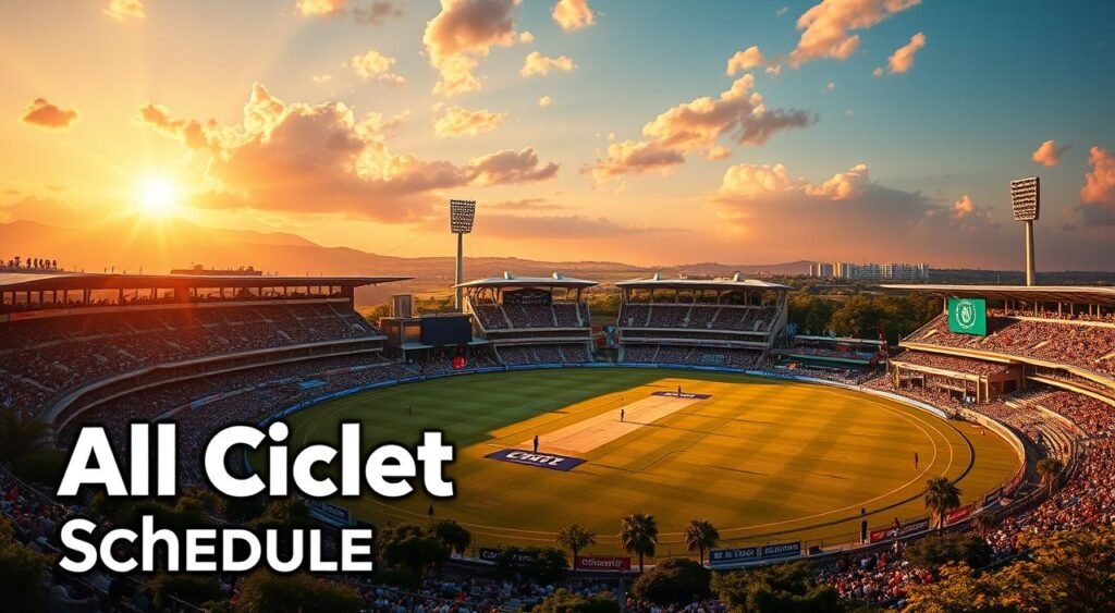 A vibrant, high-resolution landscape depicting "All Cricket Schedule". The foreground showcases the "All Cricket" brand logo, prominently displayed on a large scoreboard or jumbotron, radiating a sense of energy and anticipation. In the middle ground, a meticulously rendered cricket pitch comes into focus, with players in action and the spectators filling the grandstands. The background features a sweeping panorama of a modern, state-of-the-art cricket stadium, with towering floodlights and lush greenery surrounding the venue. The overall scene is bathed in a warm, golden light, creating a captivating and immersive atmosphere that evokes the excitement and passion of the sport.